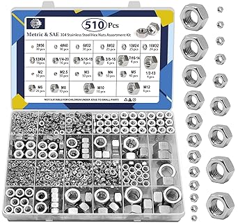 ZQZ 510 Pcs 2 in 1 SAE and Metric Stainless Steel Hex Nut Assortment Kit, 2#56 4#40 6#32 8#32 10#24 10#32 12#24 1/4-20 5/16-18 3/8-16 7/16-14 1/2-13 M2 M2.5 M3 M4 M5 M6 M8 M10 M12 Hardware Nuts Set
