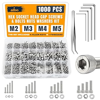 ALBO 304 Stainless Steel Metric Screw Assortment M2 M3 M4 M5, 1000PCS Hex Socket Cap Screws with Nuts, Flat & Spring Washers, 4 Allen Keys, Tweezers, Organized Storage Box for Home, Workshop & DIY
